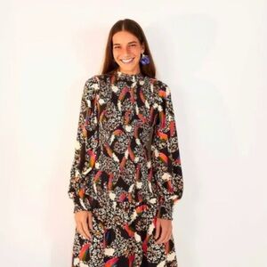 FARM Rio Toucan Leopard Mock Neck Puffy Sleeve MIDI Dress